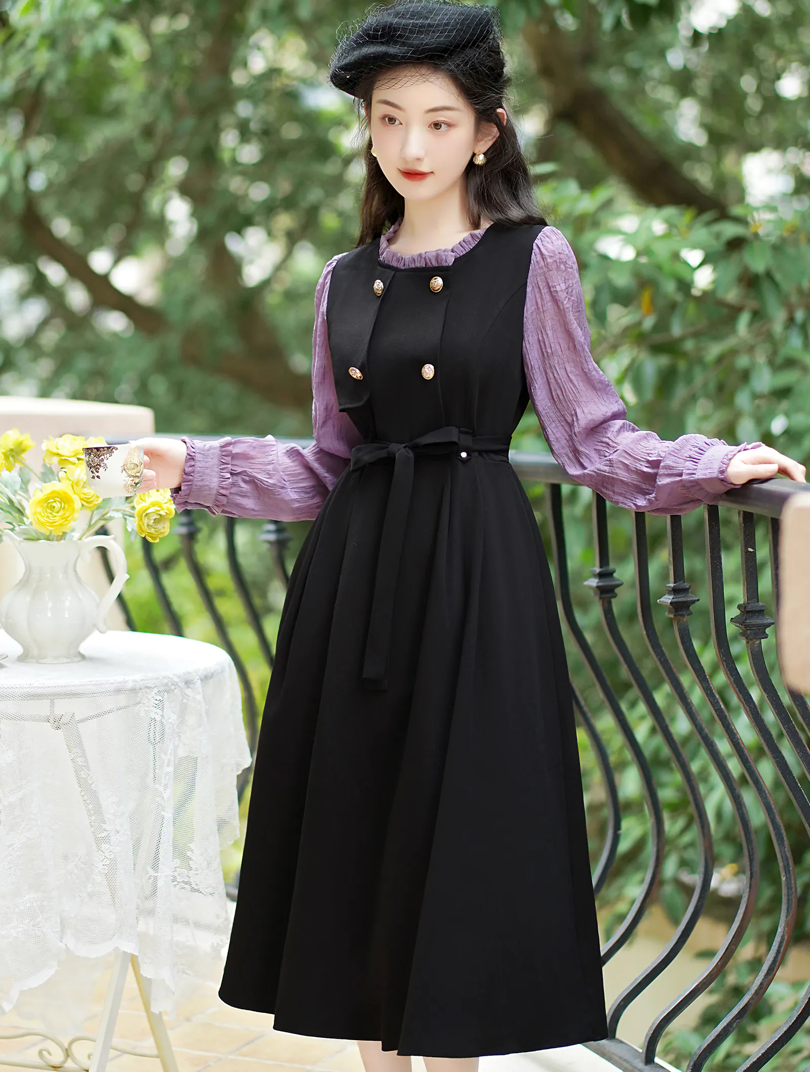 Sweet French Retro Long Sleeve Fake Two Piece Black Casual Dress02