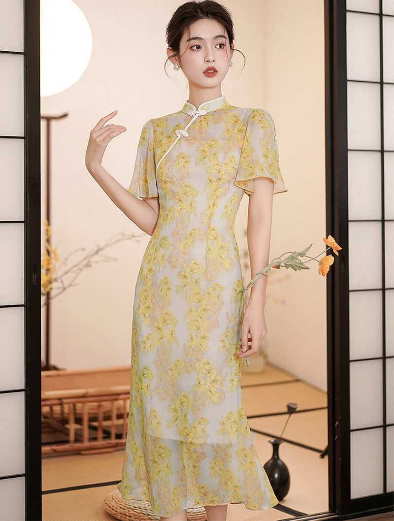 Vintage Chinese Modern Improved Yellow Cheongsam Slip Qipao Dress01