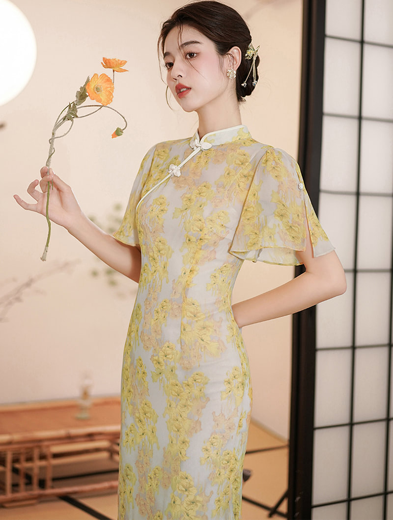 Vintage Chinese Modern Improved Yellow Cheongsam Slip Qipao Dress02