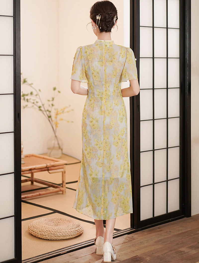 Vintage Chinese Modern Improved Yellow Cheongsam Slip Qipao Dress05