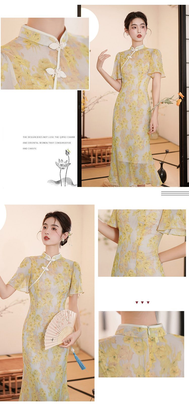 Vintage-Chinese-Modern-Improved-Yellow-Cheongsam-Slip-Qipao-Dress09