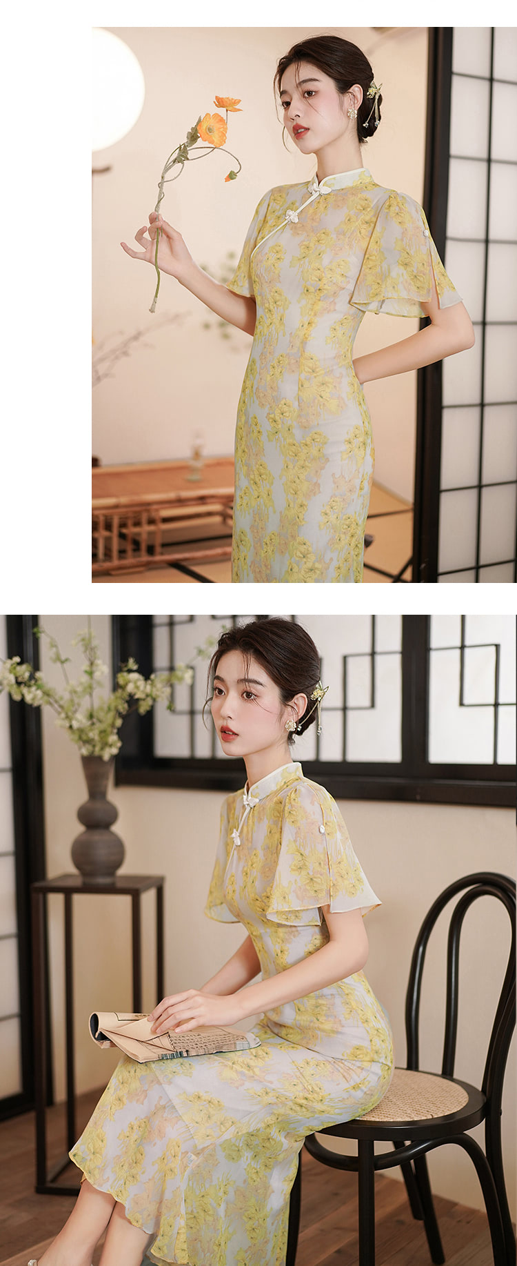 Vintage-Chinese-Modern-Improved-Yellow-Cheongsam-Slip-Qipao-Dress12