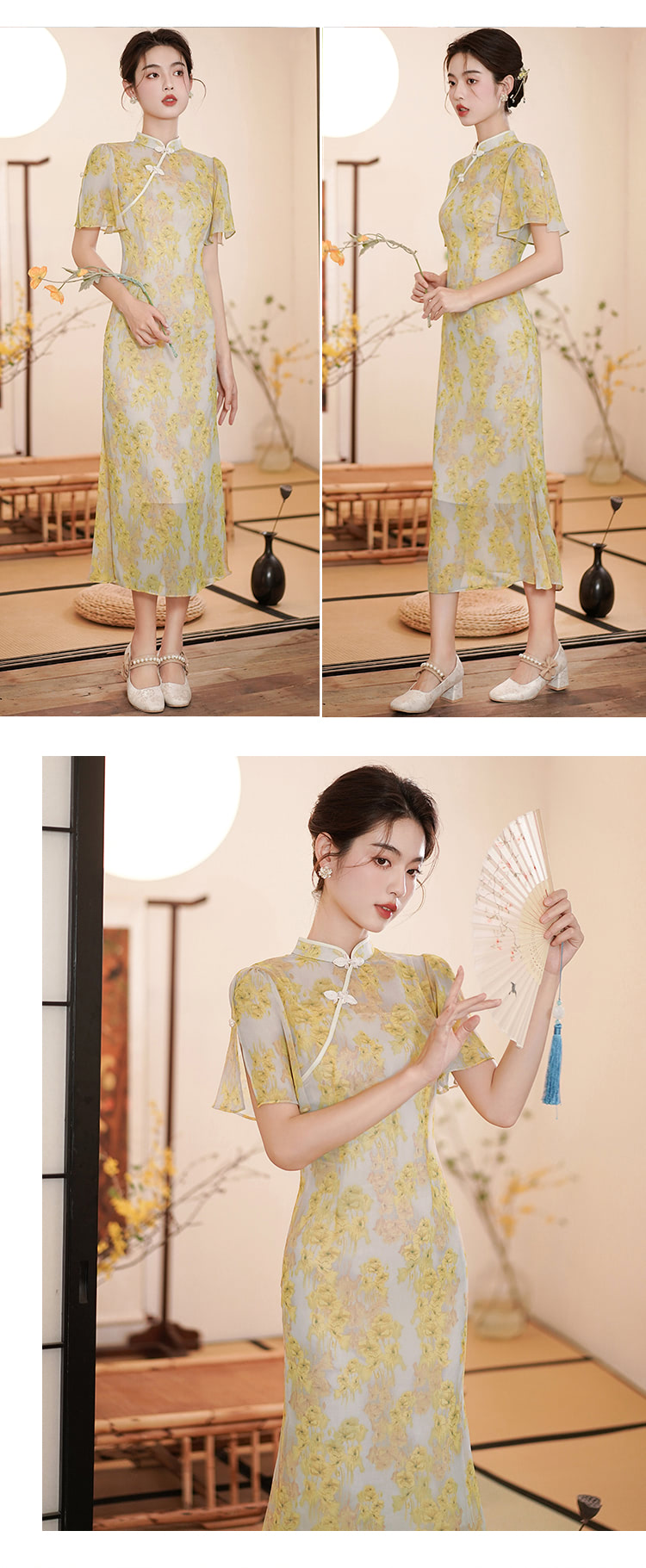 Vintage-Chinese-Modern-Improved-Yellow-Cheongsam-Slip-Qipao-Dress13