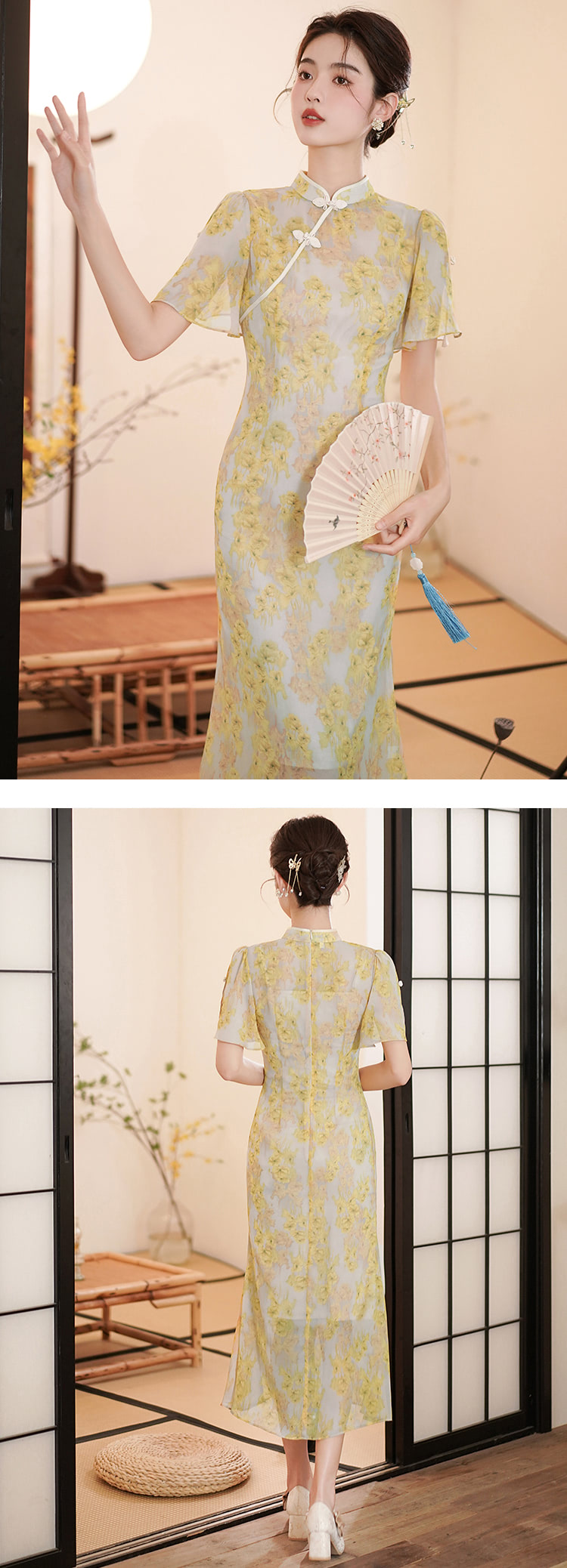 Vintage-Chinese-Modern-Improved-Yellow-Cheongsam-Slip-Qipao-Dress14