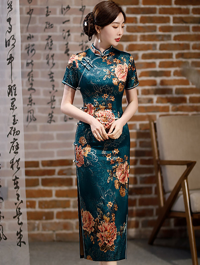 Vintage Floral Cheongsam Side Slit Wedding Qipao Long Dress01