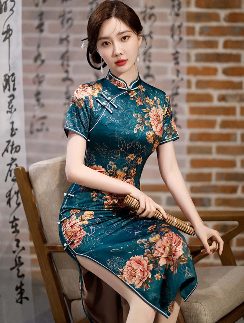Vintage Floral Cheongsam Side Slit Wedding Qipao Long Dress02