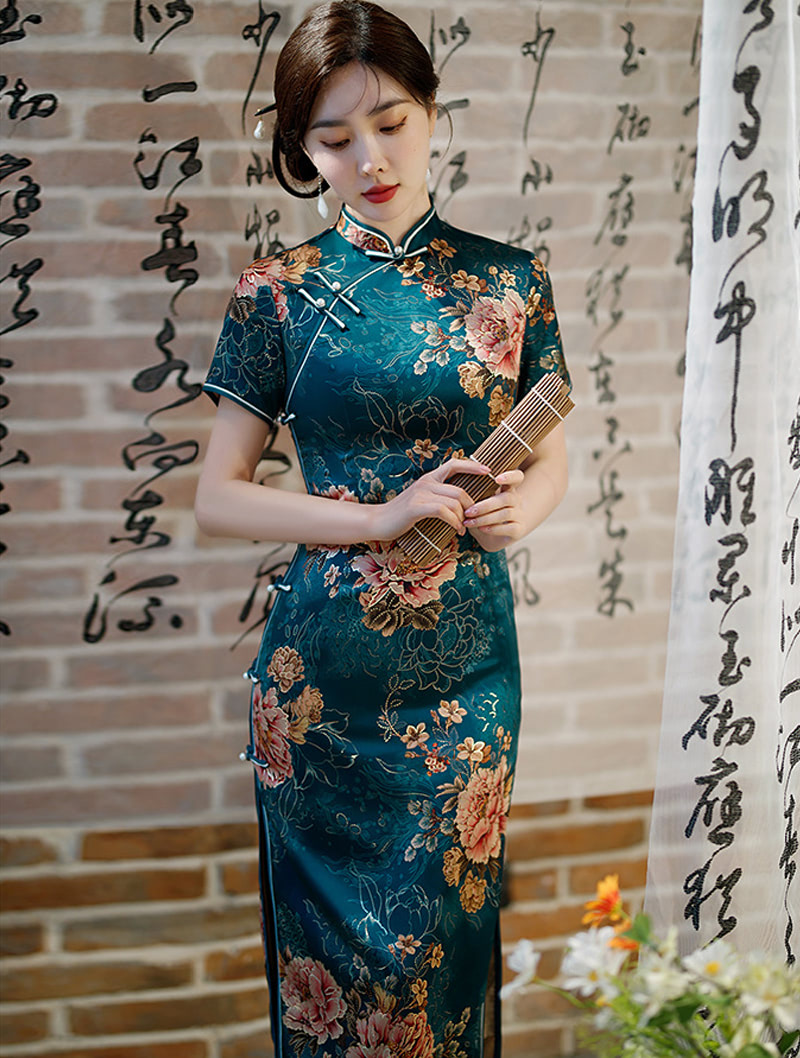 Vintage Floral Cheongsam Side Slit Wedding Qipao Long Dress03