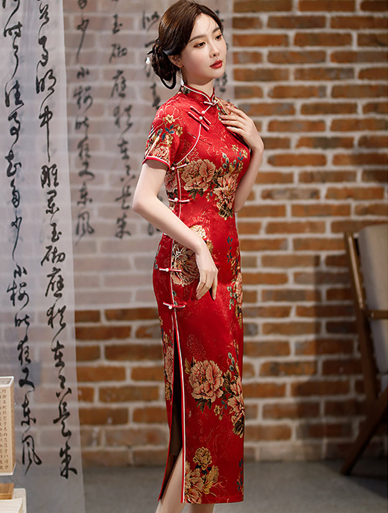 Vintage Floral Cheongsam Side Slit Wedding Qipao Long Dress04