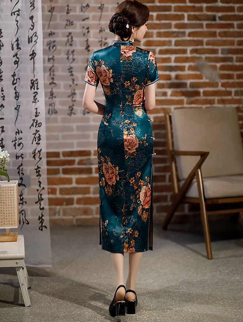 Vintage Floral Cheongsam Side Slit Wedding Qipao Long Dress05
