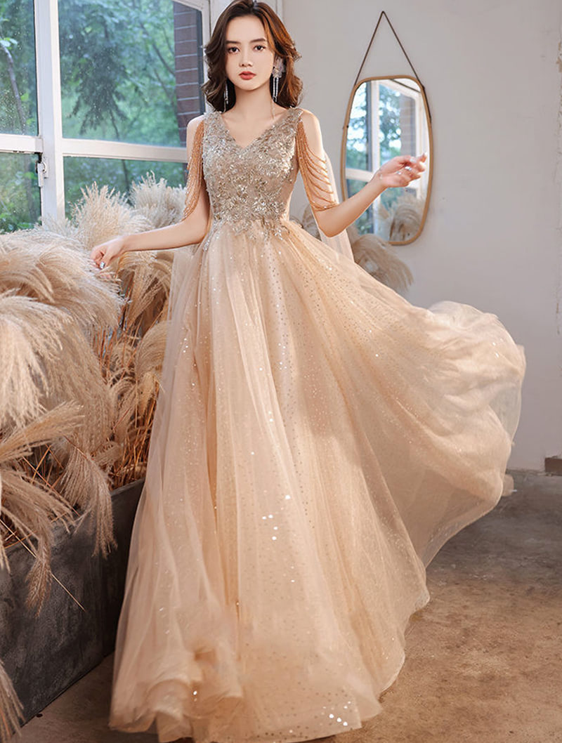 Elegant Champagne Ball Gown Evening Party Long Tassel Dress01
