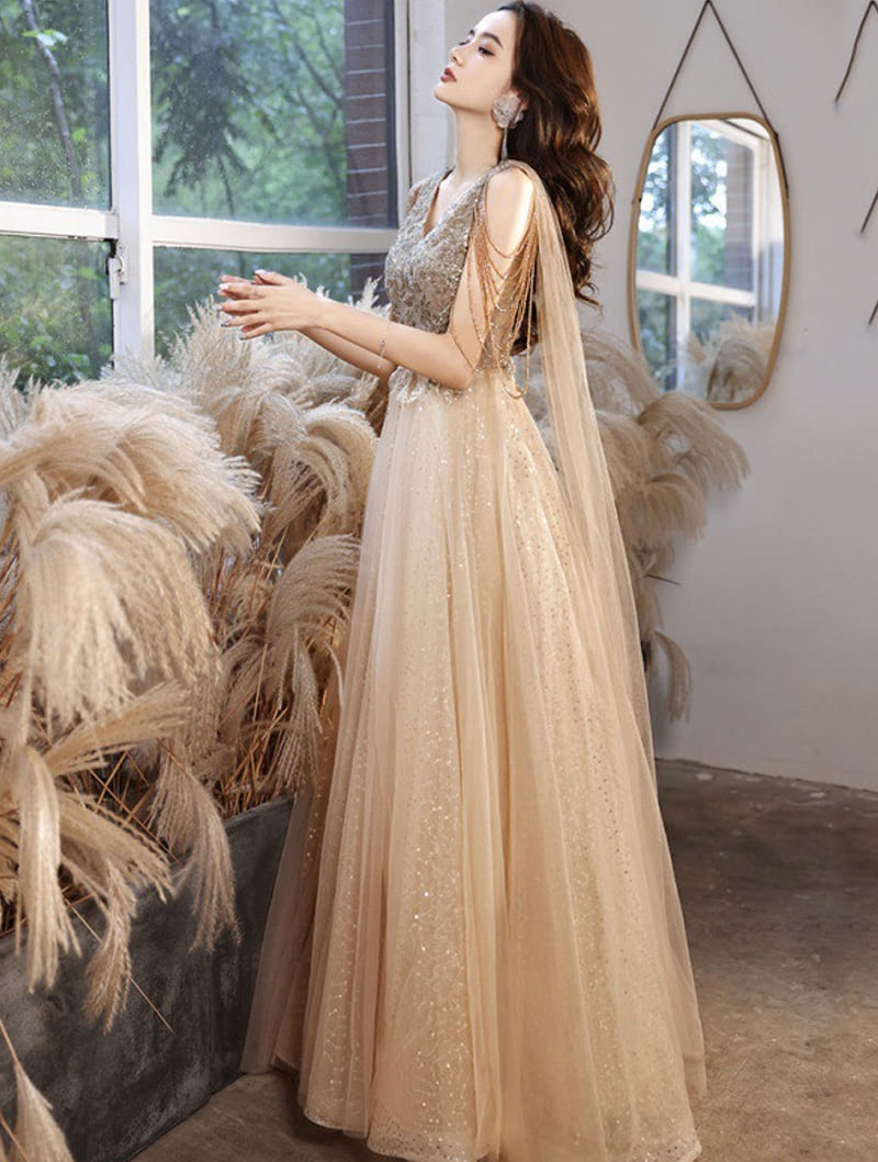 Elegant Champagne Ball Gown Evening Party Long Tassel Dress04