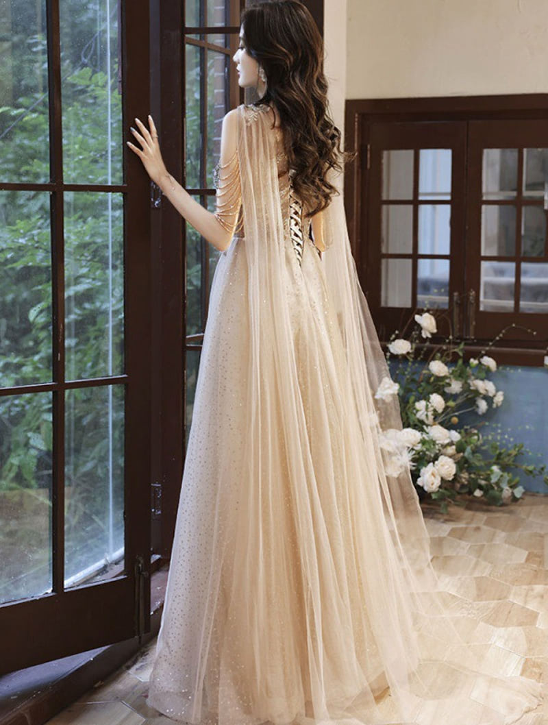 Elegant Champagne Ball Gown Evening Party Long Tassel Dress05