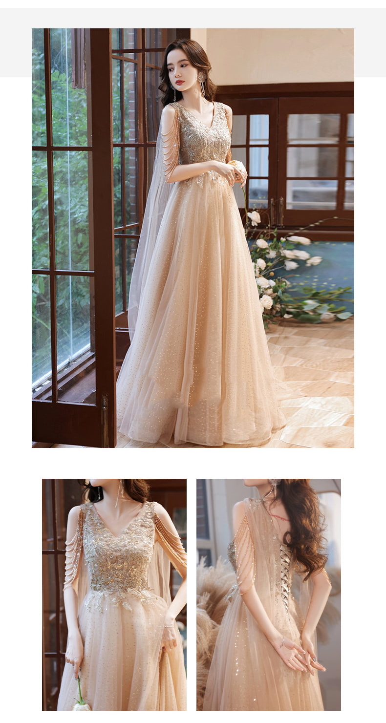 Elegant Champagne Ball Gown Evening Party Long Tassel Dress08
