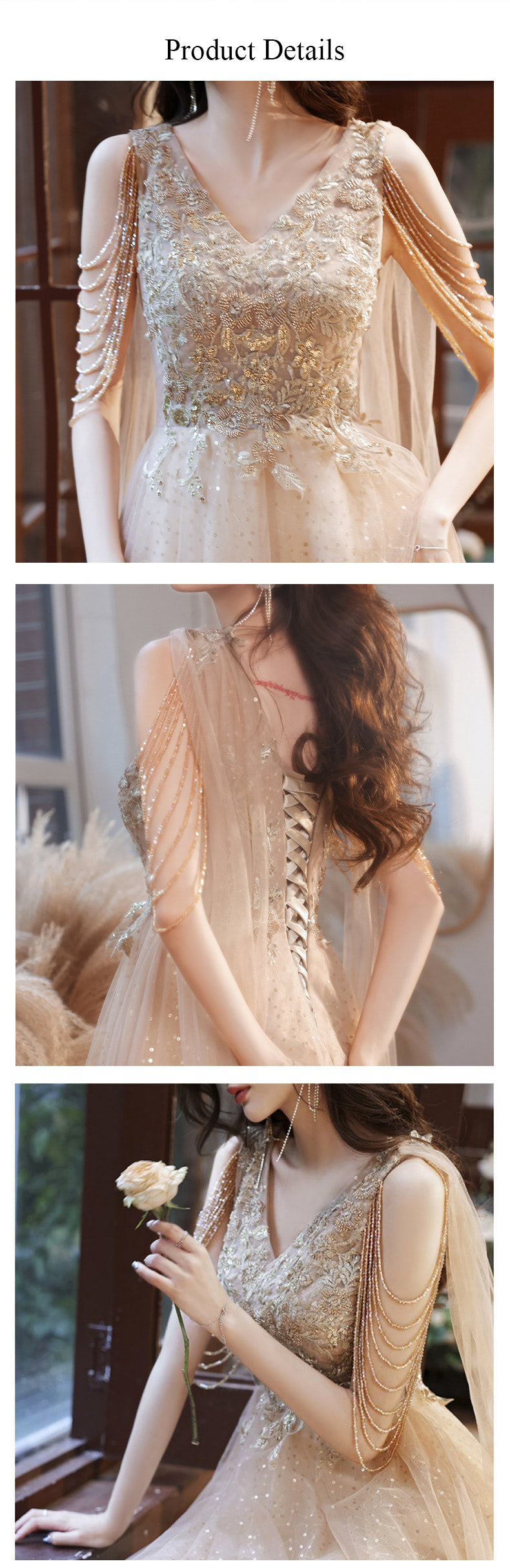 Elegant Champagne Ball Gown Evening Party Long Tassel Dress13
