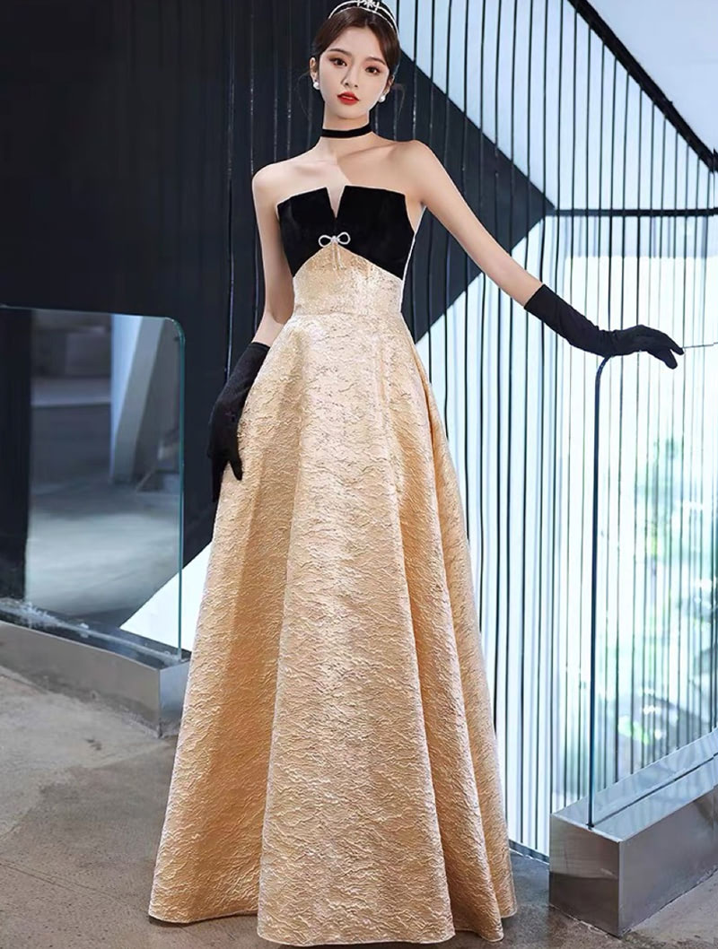Gold Strapless Banquet Party Prom Evening Tube Dress Maxi Gown01