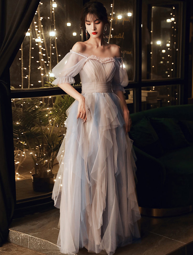 Romantic Half-Sleeve Layered Tulle Evening Formal Prom Maxi Dress01