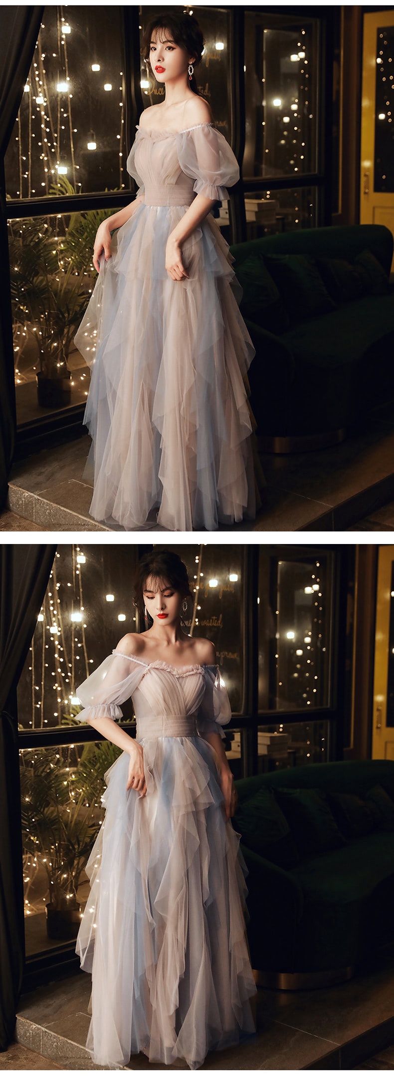 Romantic Half Sleeve Layered Tulle Evening Formal Prom Maxi Dress10