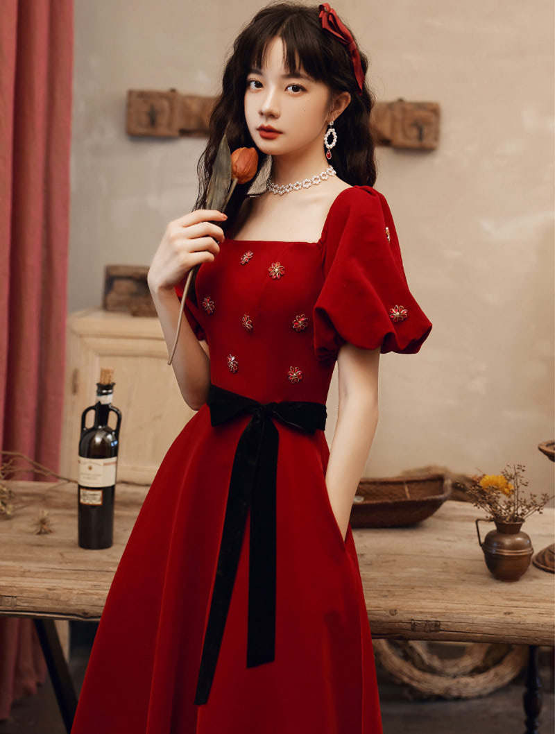 Simple Charming Velvet Wine Red Formal Evening Dress Gown01