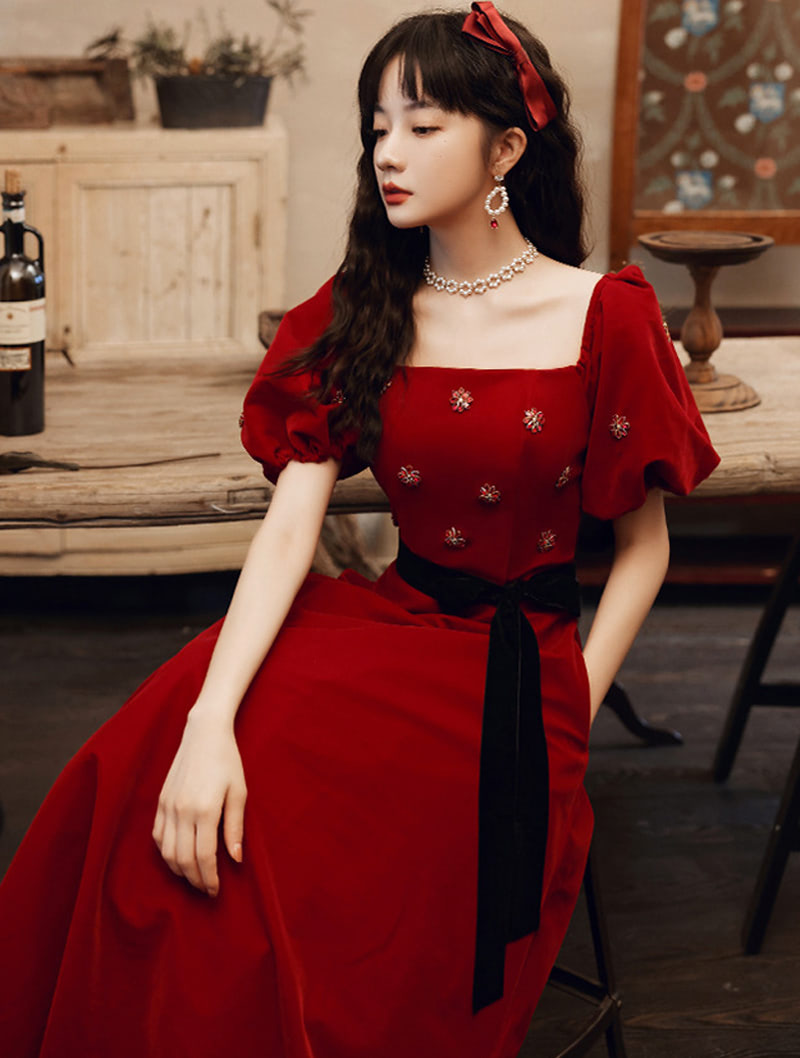 Simple Charming Velvet Wine Red Formal Evening Dress Gown01