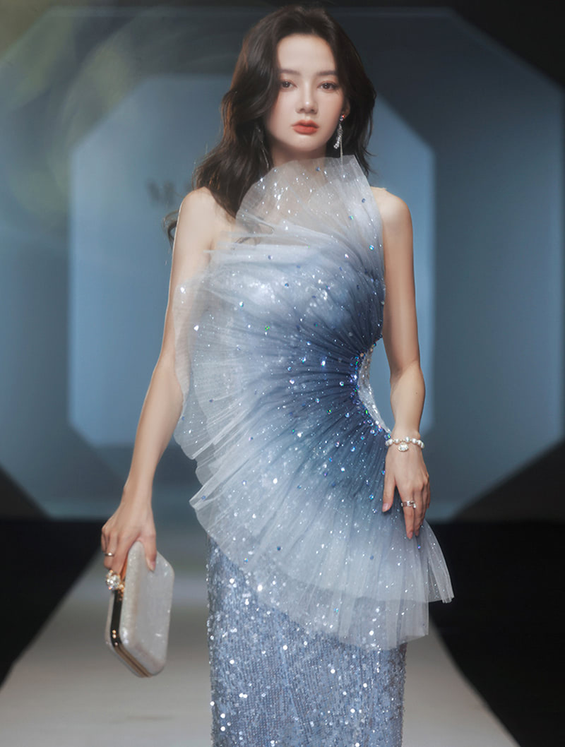 Unique Gradient Blue Tube Fishtail Slim Cocktail Party Dress03