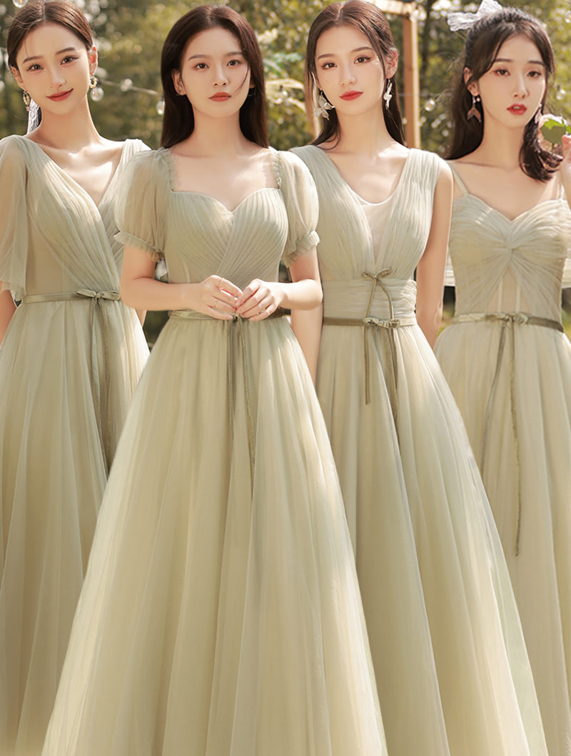 A line Green Tulle Bridesmaid Gown Bridal Party Long Dress01
