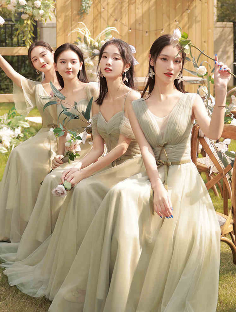 A-line Green Tulle Bridesmaid Gown Bridal Party Long Dress01