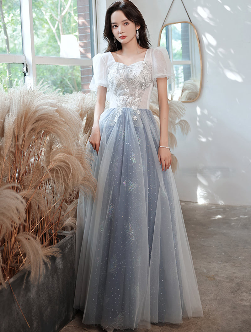 Beautiful Long Tulle Prom Dress Puffy Sleeve Formal Evening Gown01