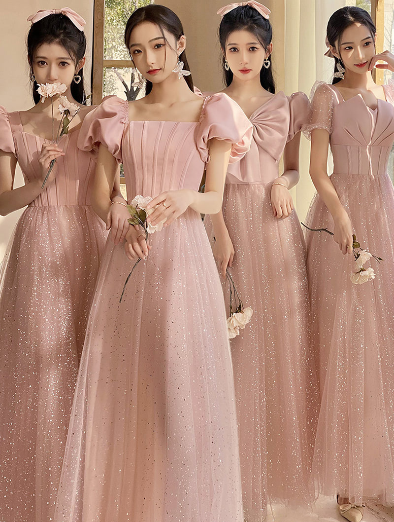 Beautiful Pink Tulle Sequin Short Sleeve Bridesmaid Maxi Dress02