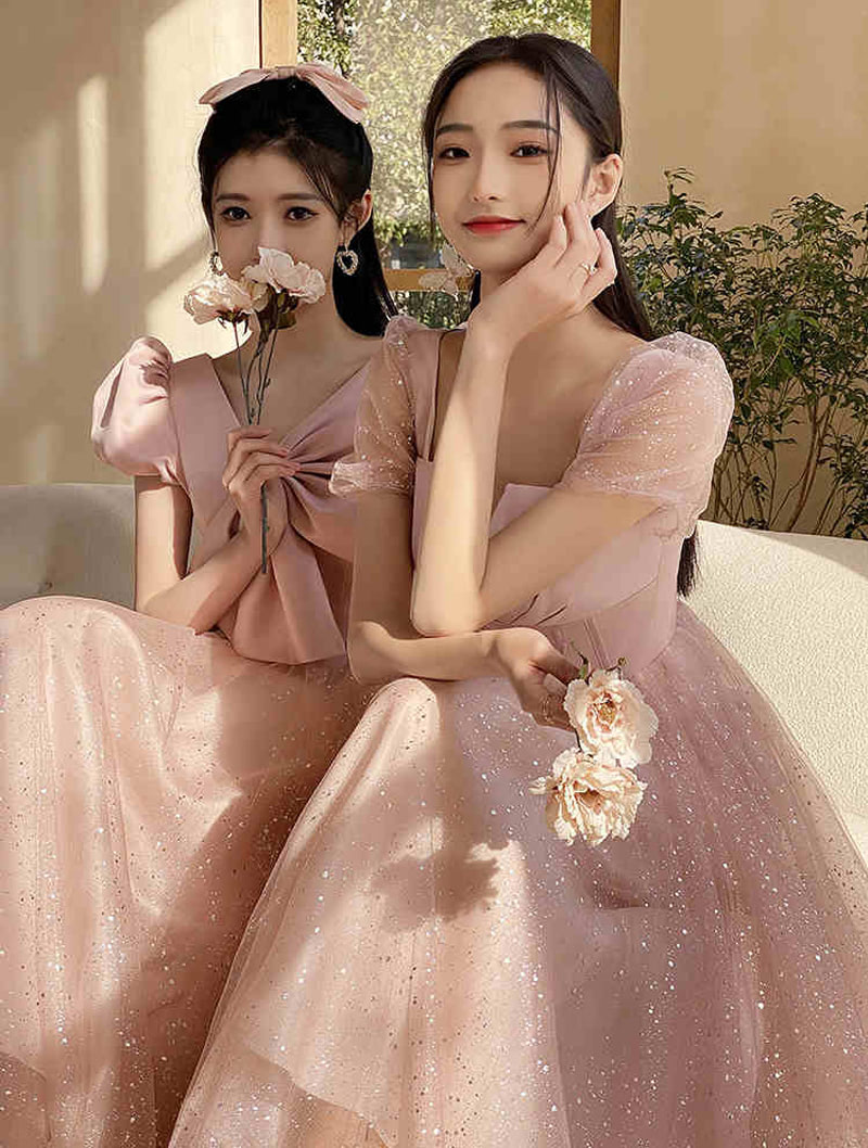 Beautiful Pink Tulle Sequin Short Sleeve Bridesmaid Maxi Dress01