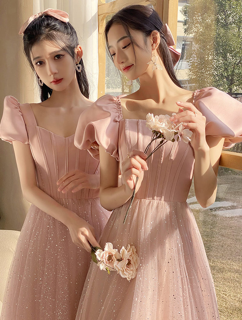 Beautiful Pink Tulle Sequin Short Sleeve Bridesmaid Maxi Dress04