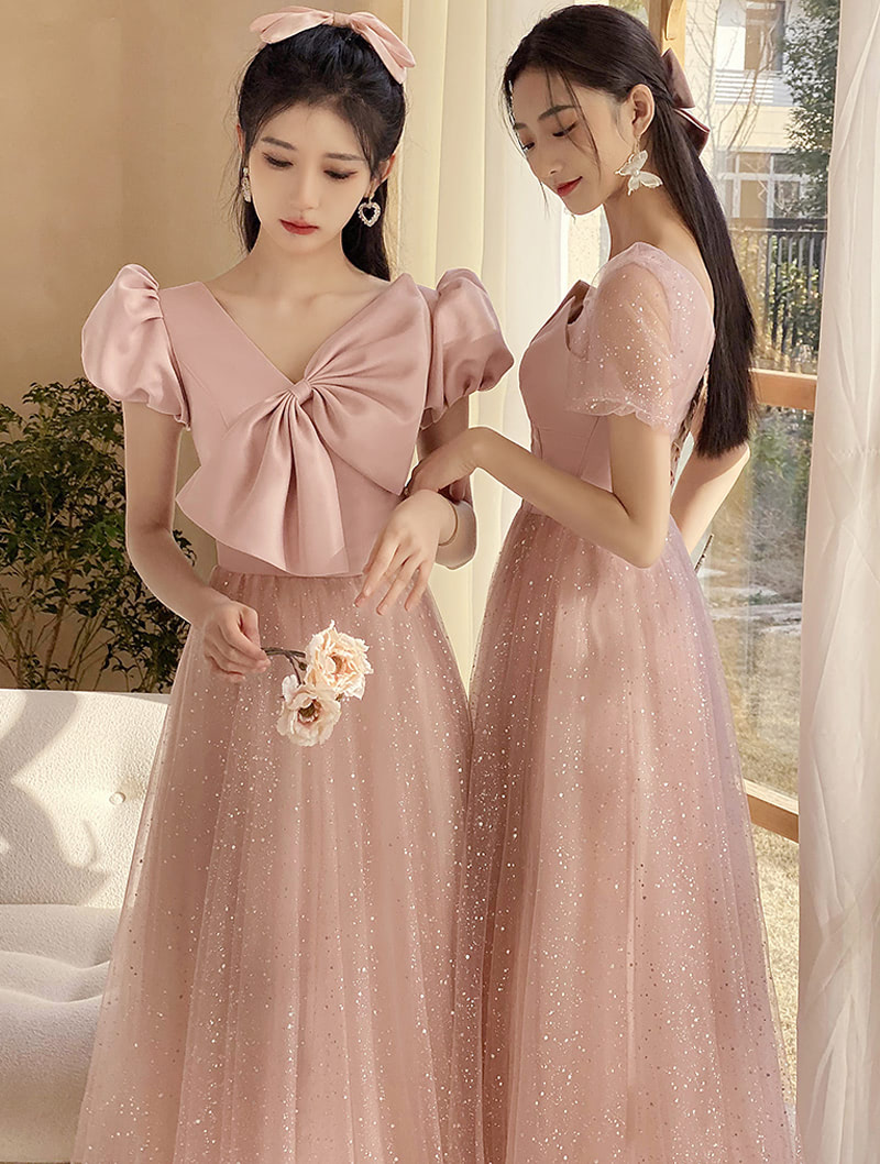 Beautiful Pink Tulle Sequin Short Sleeve Bridesmaid Maxi Dress05