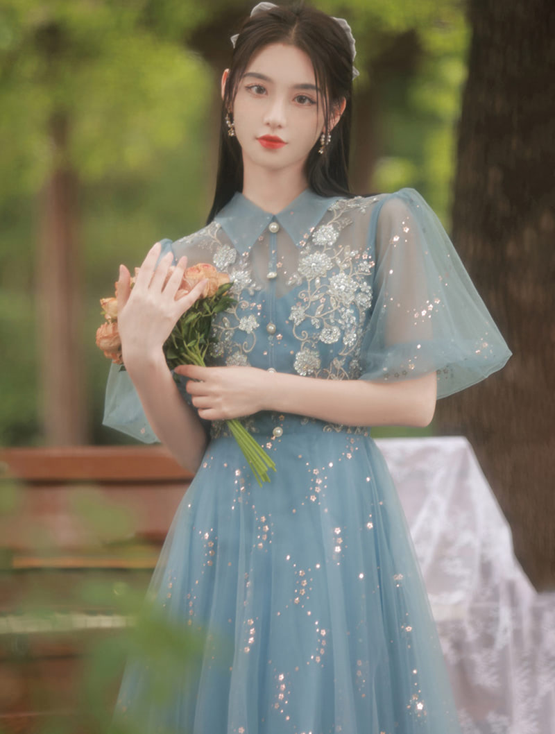 Charming Sweet Square Collar Blue Floral Embroidered Evening Party Dress02