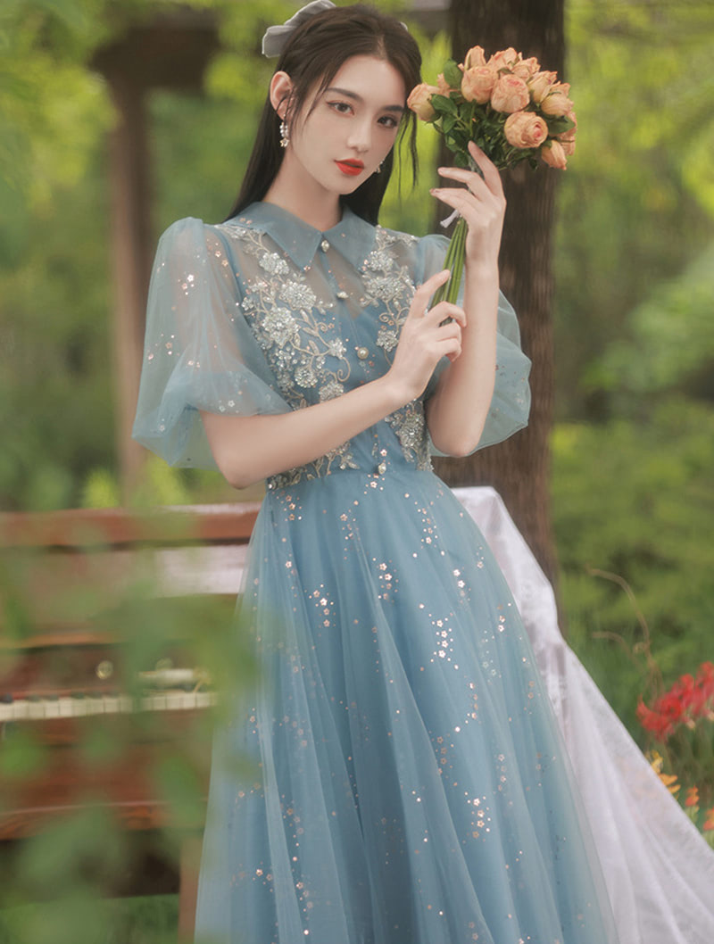 Charming Sweet Square Collar Blue Floral Embroidered Evening Party Dress03