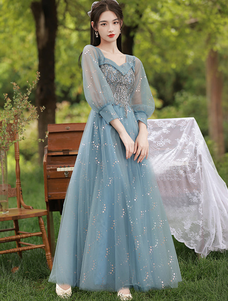 Charming Sweet Square Collar Blue Floral Embroidered Evening Party Dress04