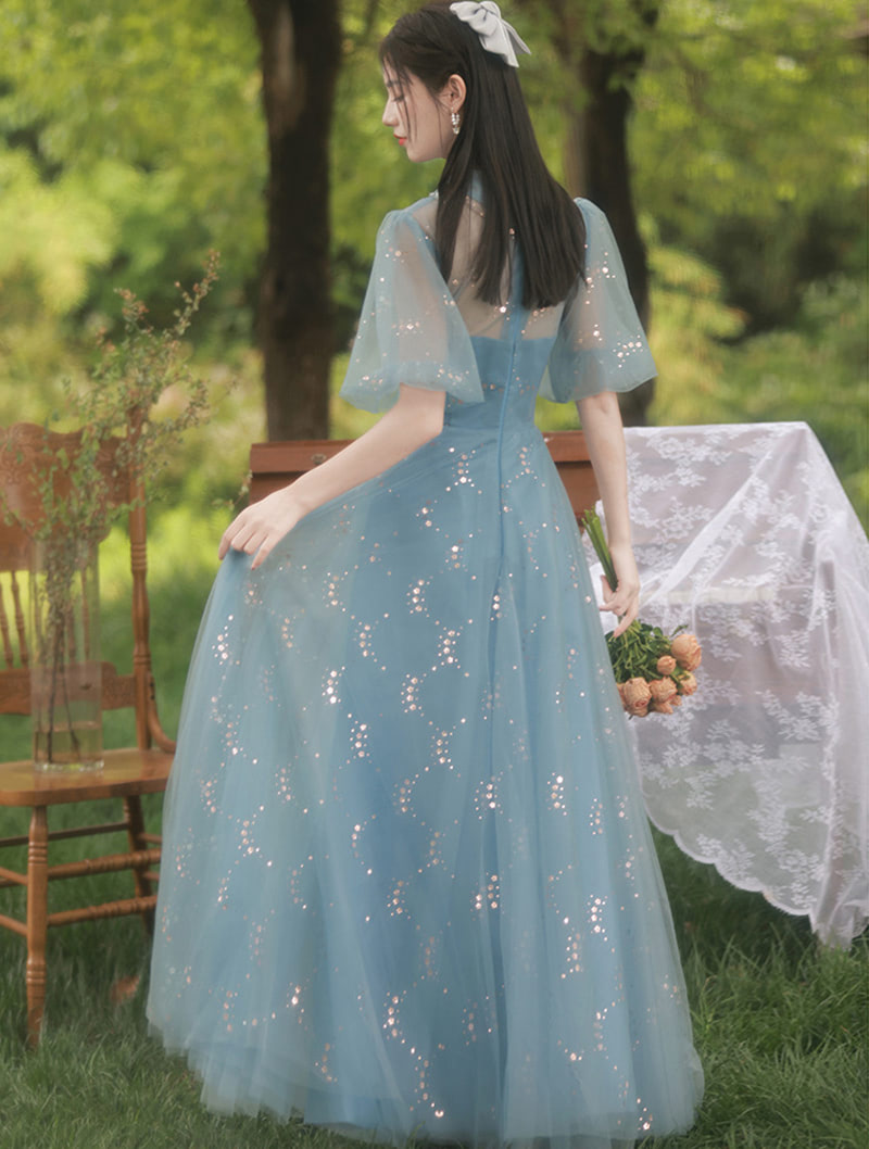 Charming Sweet Square Collar Blue Floral Embroidered Evening Party Dress01