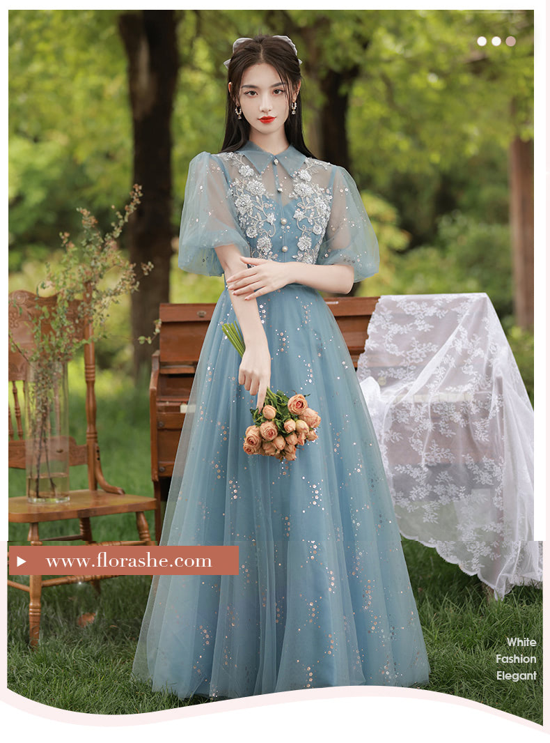 Charming Sweet Square Collar Blue Floral Embroidered Evening Party Dress07
