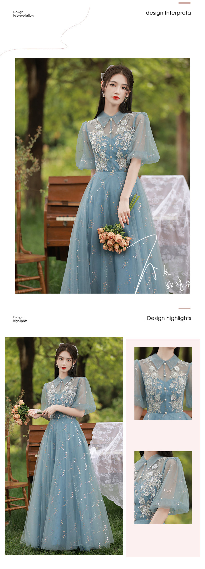 Charming Sweet Square Collar Blue Floral Embroidered Evening Party Dress08