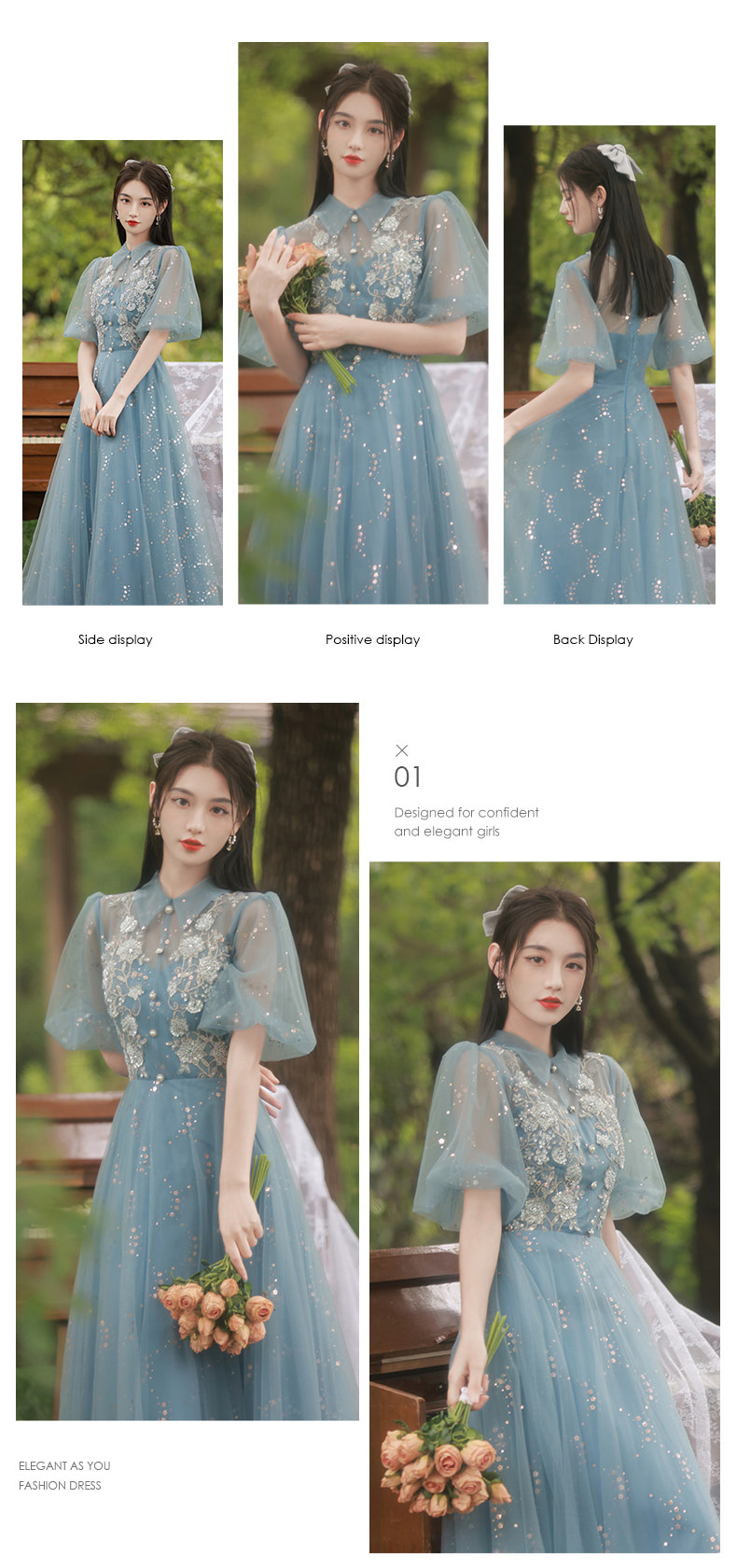 Charming Sweet Square Collar Blue Floral Embroidered Evening Party Dress09