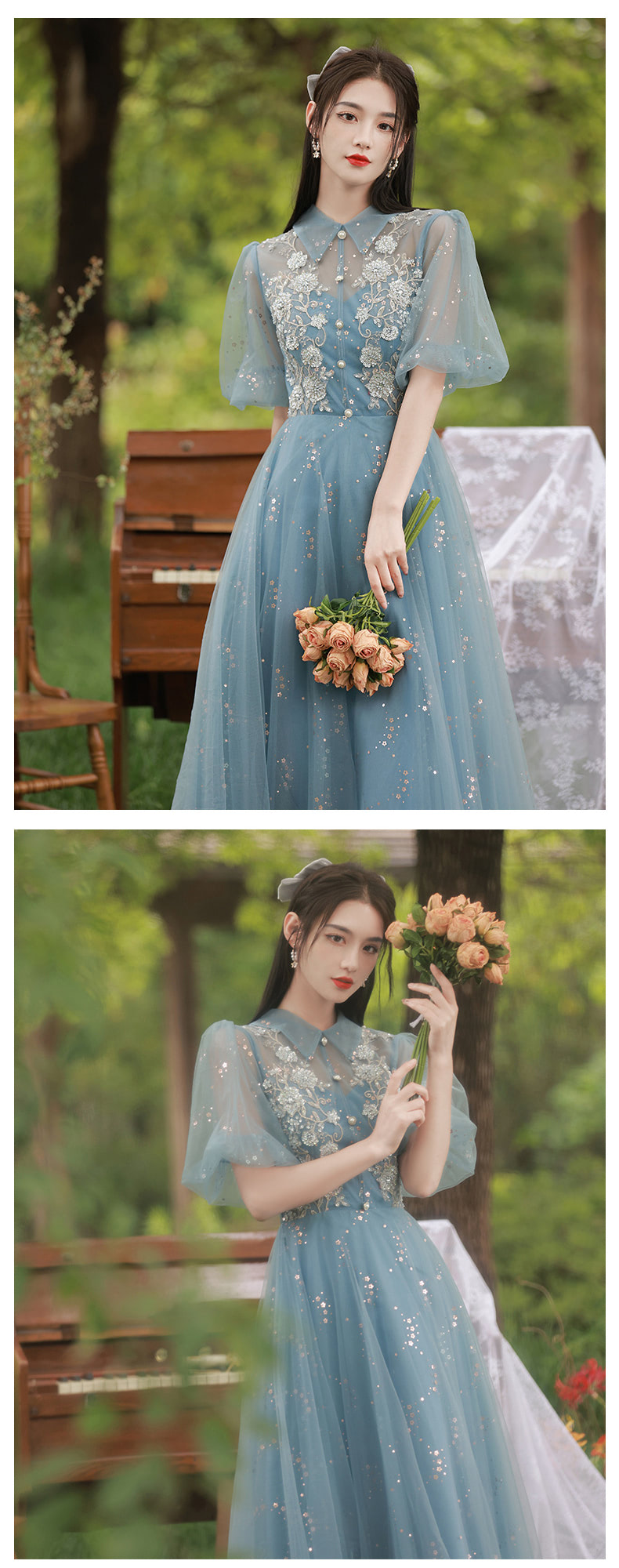 Charming Sweet Square Collar Blue Floral Embroidered Evening Party Dress10