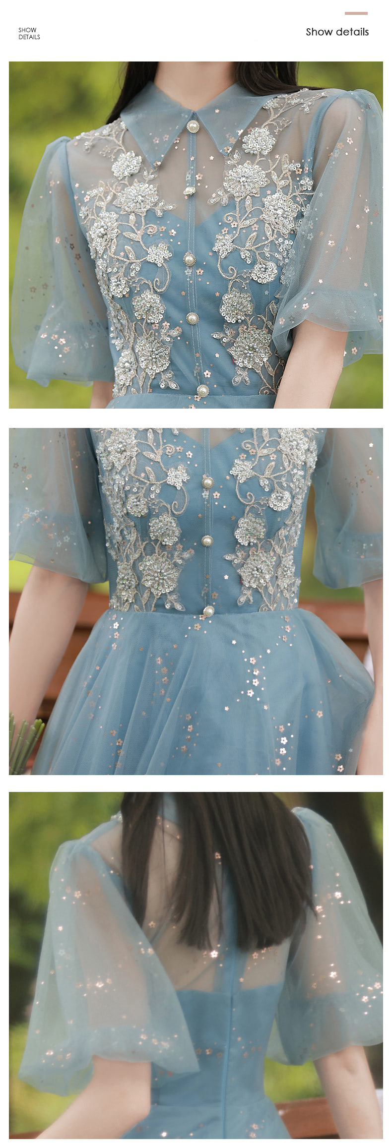 Charming Sweet Square Collar Blue Floral Embroidered Evening Party Dress12