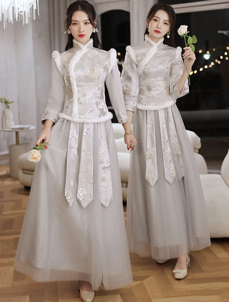 Chic Chinese Style Long Sleeve Bride Wedding Party Bridesmaid Dress01