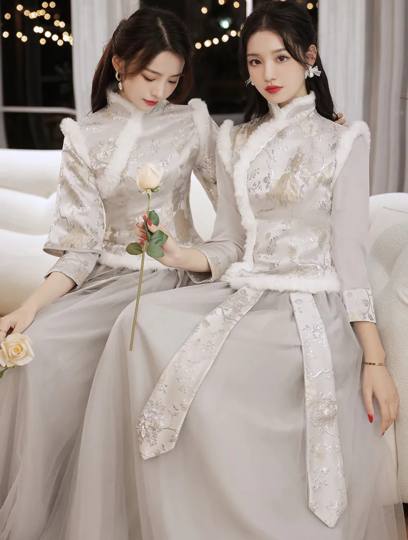 Chic Chinese Style Long Sleeve Bride Wedding Party Bridesmaid Dress02