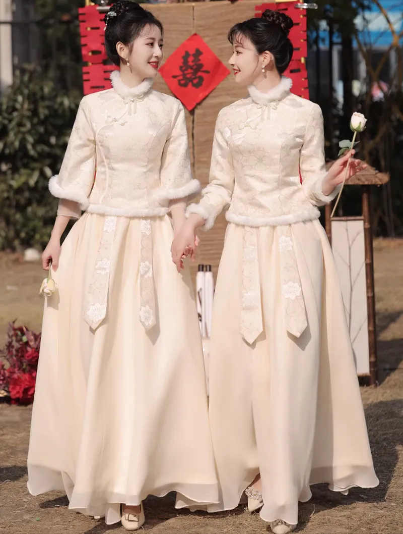Chinese Style Long Sleeve Stand Collar Champagne Bridesmaid Dress01