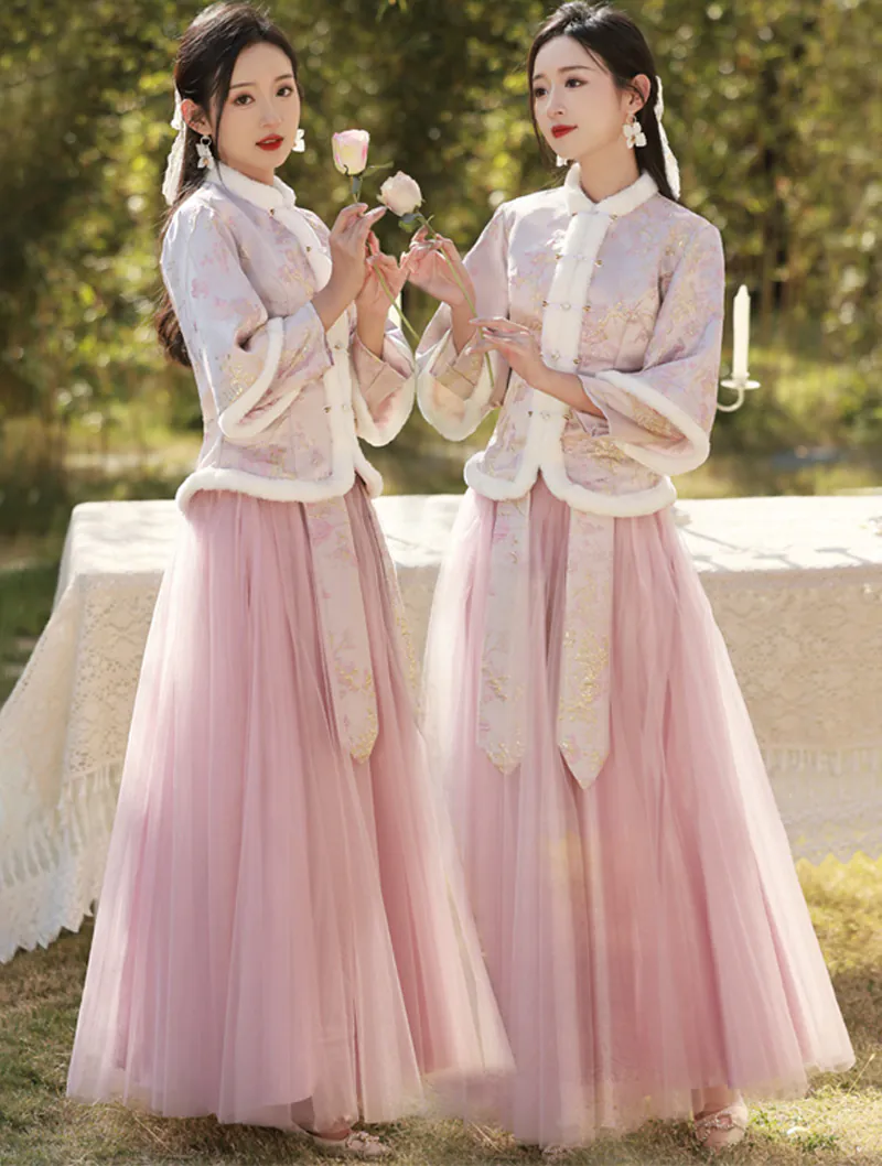 Chinese Style Winter Warm Wedding Bridal Party Pink Bridesmaid Dress01