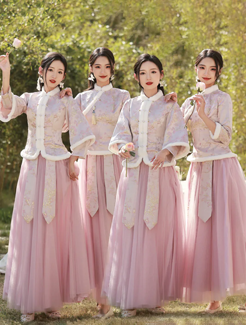 Chinese Style Winter Warm Wedding Bridal Party Pink Bridesmaid Dress02