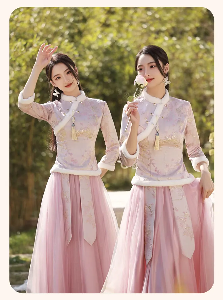 Chinese-Style-Winter-Warm-Wedding-Bridal-Party-Pink-Bridesmaid-Dress17