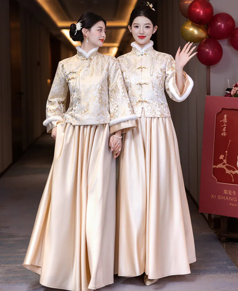 Chinese-Winter-Long-Sleeve-Jacquard-Top-Satin-Skirt-Bridesmaid-Dress07