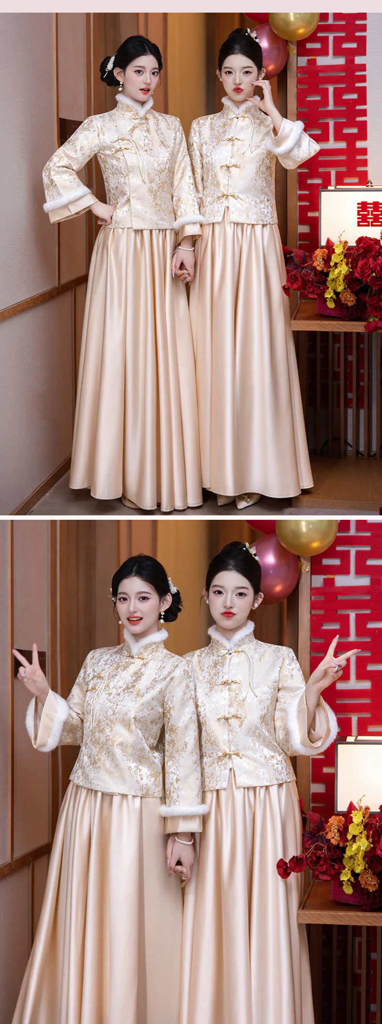Chinese-Winter-Long-Sleeve-Jacquard-Top-Satin-Skirt-Bridesmaid-Dress09