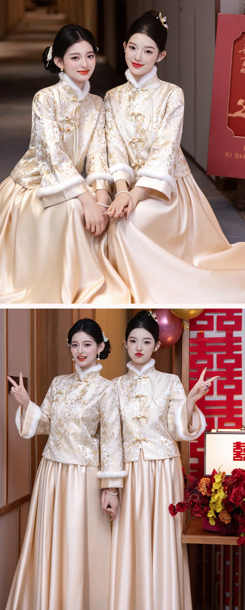 Chinese-Winter-Long-Sleeve-Jacquard-Top-Satin-Skirt-Bridesmaid-Dress12