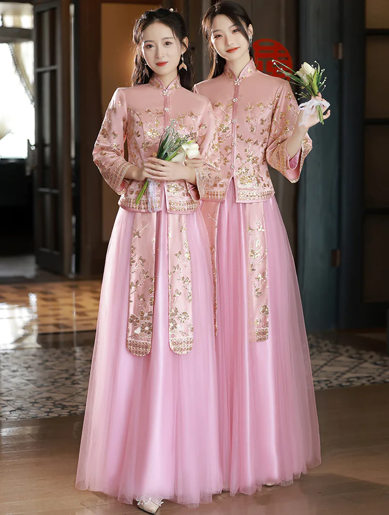 Classic Chinese Style Wedding Pink Embroidery Bridesmaid Xiuhe Dress01